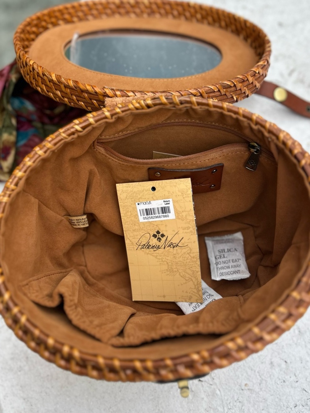 Patricia Nash Tan Woven wicker Leather with Suede style lining bag bucket purse - Picture 14 of 15